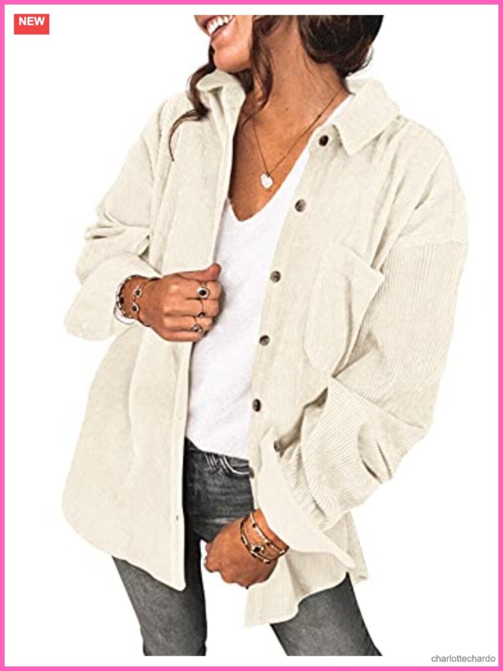 Women's Oversized Lightweight Corduroy Shacket Button Down Jacket V-Neck
